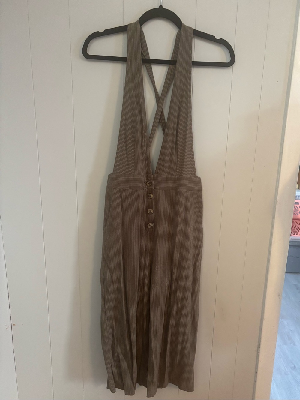 One Clothing Los Angeles Brown Pinstripe Wide Leg Suspender Romper Small